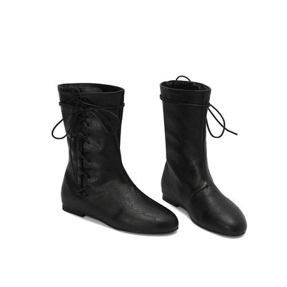 Women'S Lace-Up Round Toe Flat Mid Calf Boots