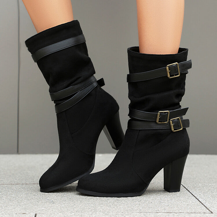 Women's Pleated Buckle Strap Round Toe Block Heel Mid Calf Boots