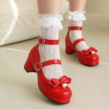 Women's Bowtie Buckle Chunky Heel Platform Pumps High Heels Mary Jane Lolita Shoes