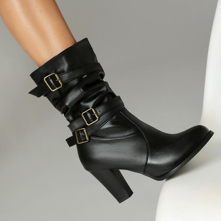 Women's Pleated Buckle Strap Round Toe Block Heel Mid Calf Boots