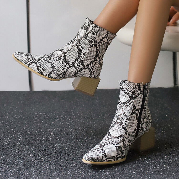 Women's Snake Pattern Pointed Toe Square Heel Short Boots