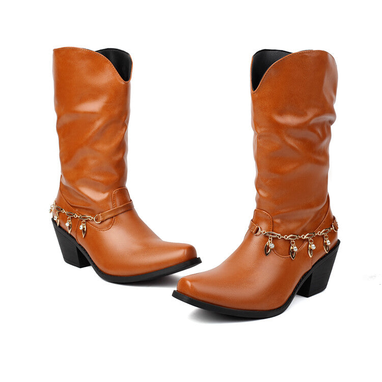 Women's Chains Pointed Toe Mid-Calf Western Boots