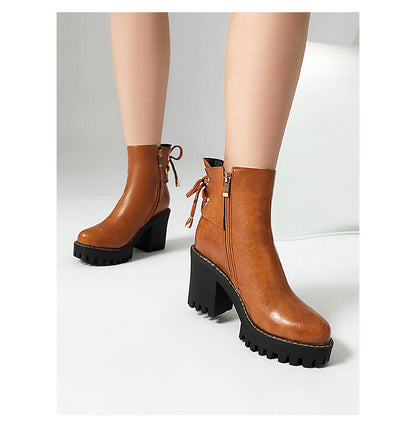 Women's Round Toe Lace-up Platform High Heel Ankle Boots