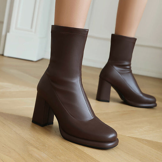 Women's Square Toe Block Heel Short Boots