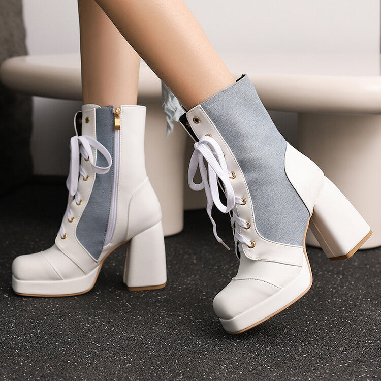 Women's Square Toe Lace-up High Heel Mid-Calf Boots