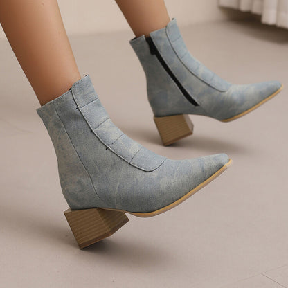 Women's Snake Pattern Pointed Toe Square Heel Short Boots