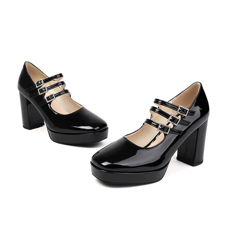 Women's Metal Glossy Square Toe Platform Pumps Square Heel Mary Janes