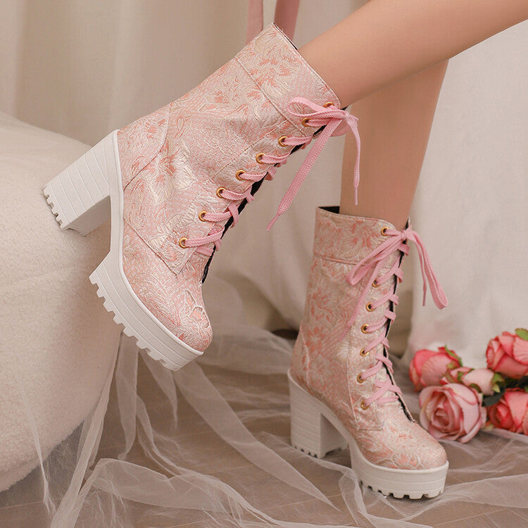 Women's Round Toe Flowers Platform Square High Heel Mid-Calf Boots