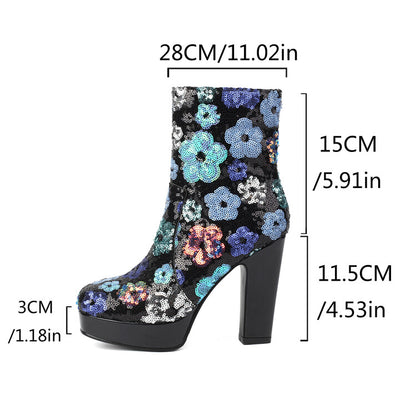 Women's Flowers Sequins Square Toe Square Heel Platform Ankle Boots