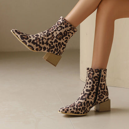 Women's Snake Pattern Pointed Toe Square Heel Short Boots