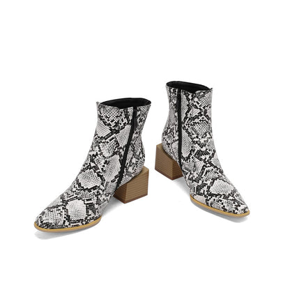 Women's Snake Pattern Pointed Toe Square Heel Short Boots