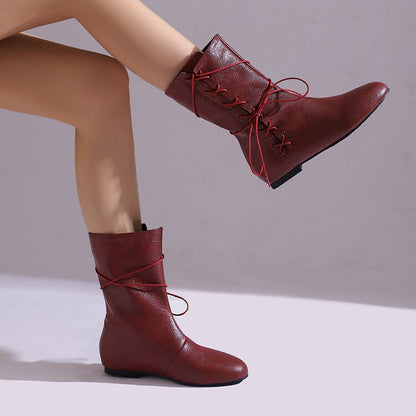 Women'S Lace-Up Round Toe Flat Mid Calf Boots