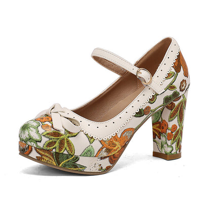 Women's High Heel Printed Bow Platform Pumps Mary Jane Shoes