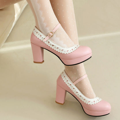 Women's Round Toe Mary Jane High Heel Platform Pumps