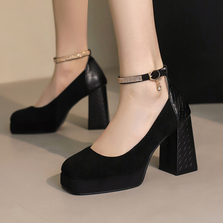 Women's Ankle Strap Square Toe High Heel Platform Pumps