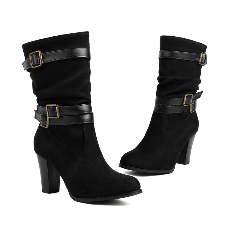 Women's Pleated Buckle Strap Round Toe Block Heel Mid Calf Boots