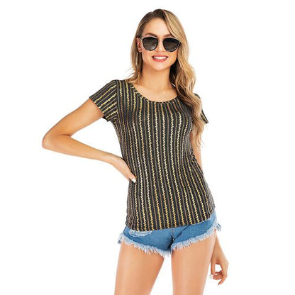 Gold Strap Short Sleeves Slim Crew-neck Top Women T Shirts