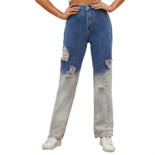 Retro Insfashion High Waist Washable Holes Denim Pant Women Jeans