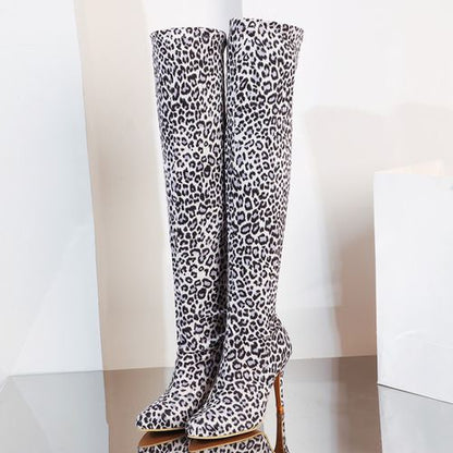 Women Leopard Print High Heels Knee High Boots