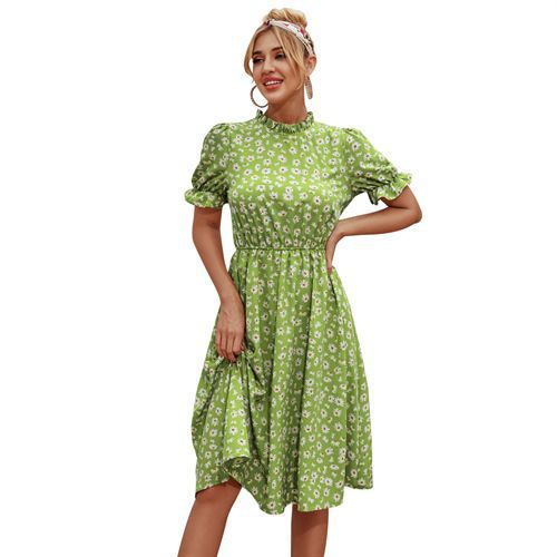 French Style Retro Stand-up Collar Elegant Daily Fashion Floral Beam Waist Flounce Short Sleeve Women's Dresses