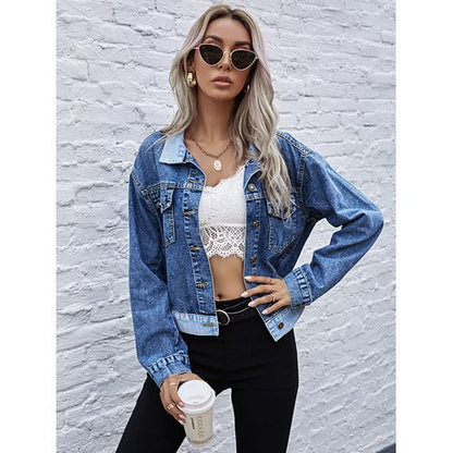 Denim Turn-down Collar Contrast Denim Women Jackets