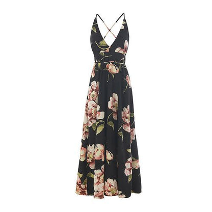 Sexy Deep Vbackless Slit Plant Print Holiday Women's Dresses