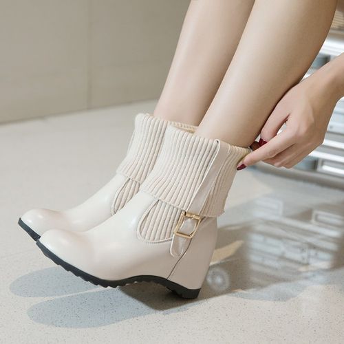 Women Buckle Wedges Heels Short Boots Winter Shoes