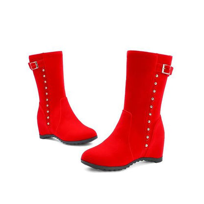 Women Rivets Buckle Wedges Mid Calf Boots Winter Shoes