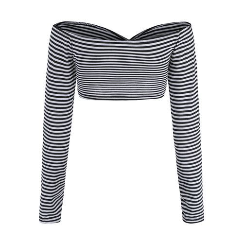 Off-shoulder Short Stripe Navel-baring Long Sleeves Women T Shirts