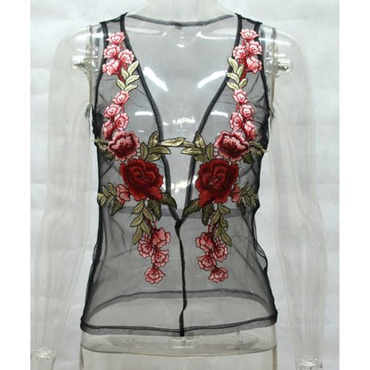 Embroidered Transparent Slings Sexy Deep-v Sleeveless Women Tank Tops