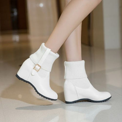 Women Buckle Wedges Heels Short Boots Winter Shoes