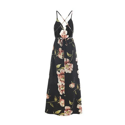 Sexy Deep Vbackless Slit Plant Print Holiday Women's Dresses