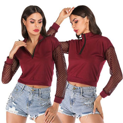 Mesh Stitching Casual Spring Slim Zipper Women Sweatshirt