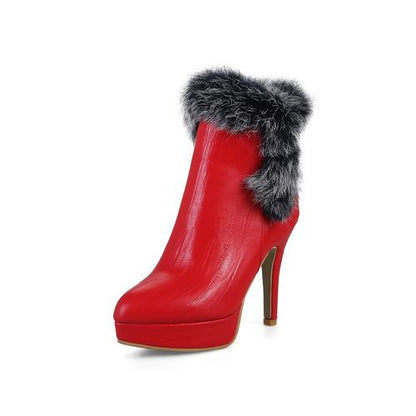 Pointed Toe Furry Women High Heels Short Boots