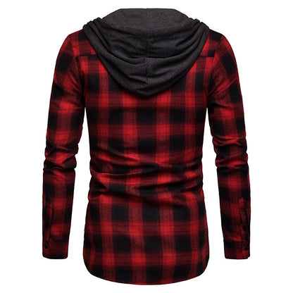 Men's Business Grid Casual Hooded Long Sleeves Shirts