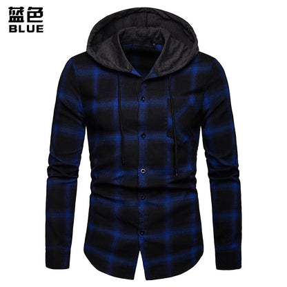 Men's Business Grid Casual Hooded Long Sleeves Shirts