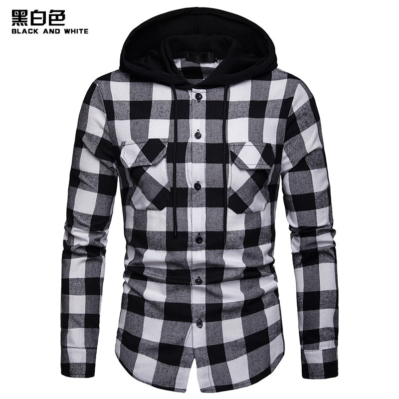 Men's Business Grid Casual Hooded Long Sleeves Shirts