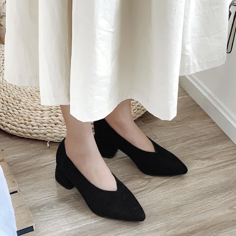 Lady Woman Dress Shoes Suede Chunky Heels Pumps