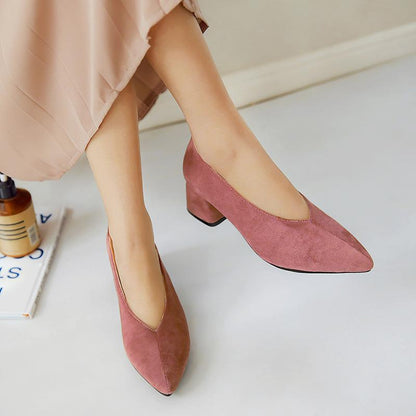 Lady Woman Dress Shoes Suede Chunky Heels Pumps