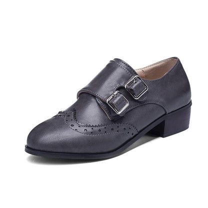 Lady Round Head Double Buckle Woman Mid Heeled Oxford Shoes