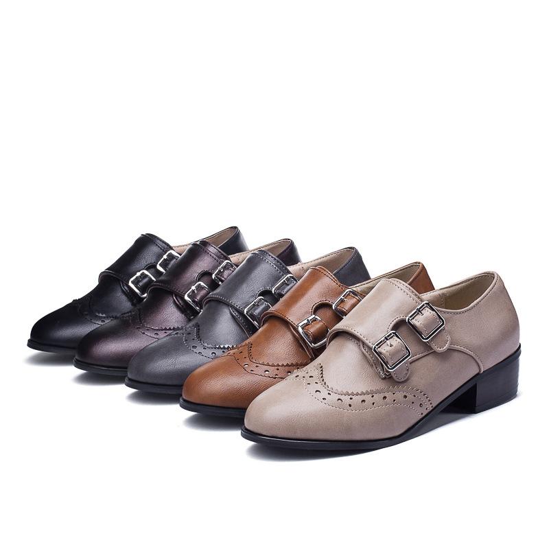 Lady Round Head Double Buckle Woman Mid Heeled Oxford Shoes