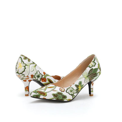 Lady Floral Print Pointed Shallow-mouthed Woman Pumps Thin Heels