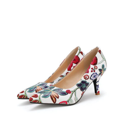 Lady Floral Print Pointed Shallow-mouthed Woman Pumps Thin Heels