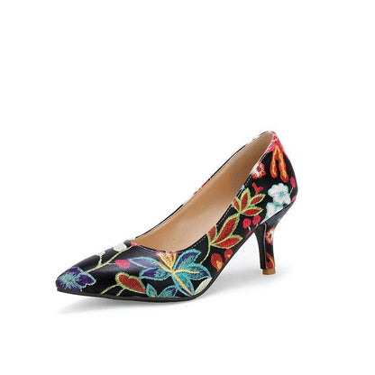 Lady Floral Print Pointed Shallow-mouthed Woman Pumps Thin Heels