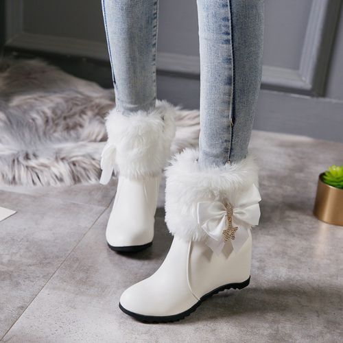 Women Rhinestone Bow Tie High Heels Short Boots Winter Shoes