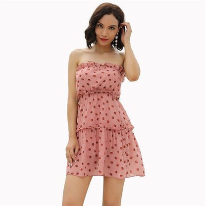 Chiffon Dots Tenderness Pink Tube Top A-line Women's Dresses