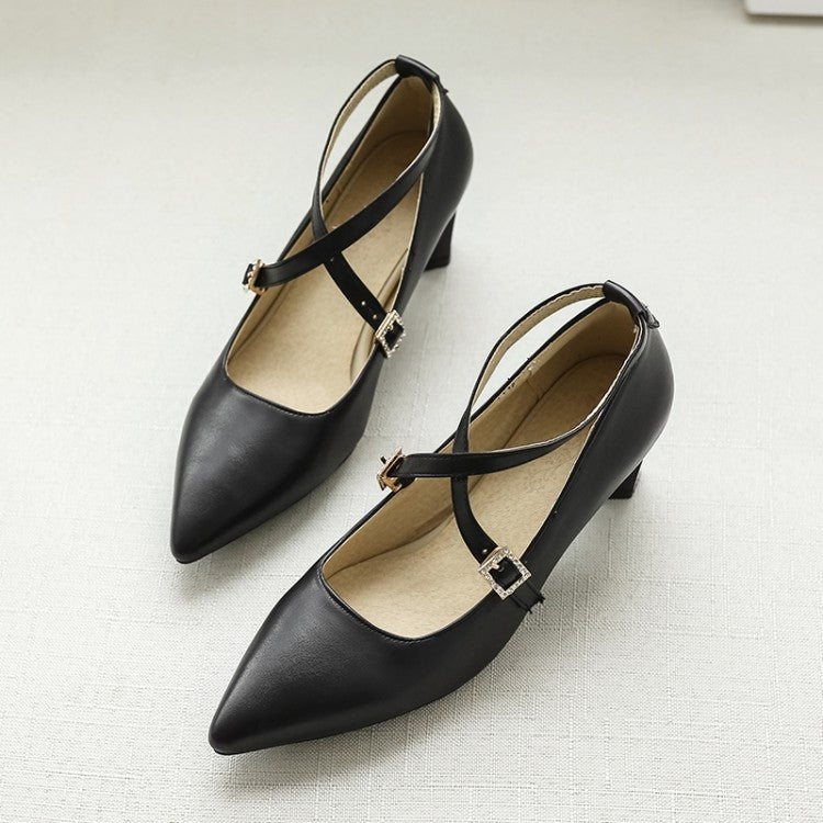 Pointed Toe Cross Straps Chunky High Heels Women Shoes 9936