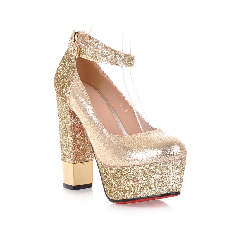 Sequined Super-high-heeled Chunky Pumps Platform Shallow-mouth One-word Buckle Shoe Woman Shoes Woman