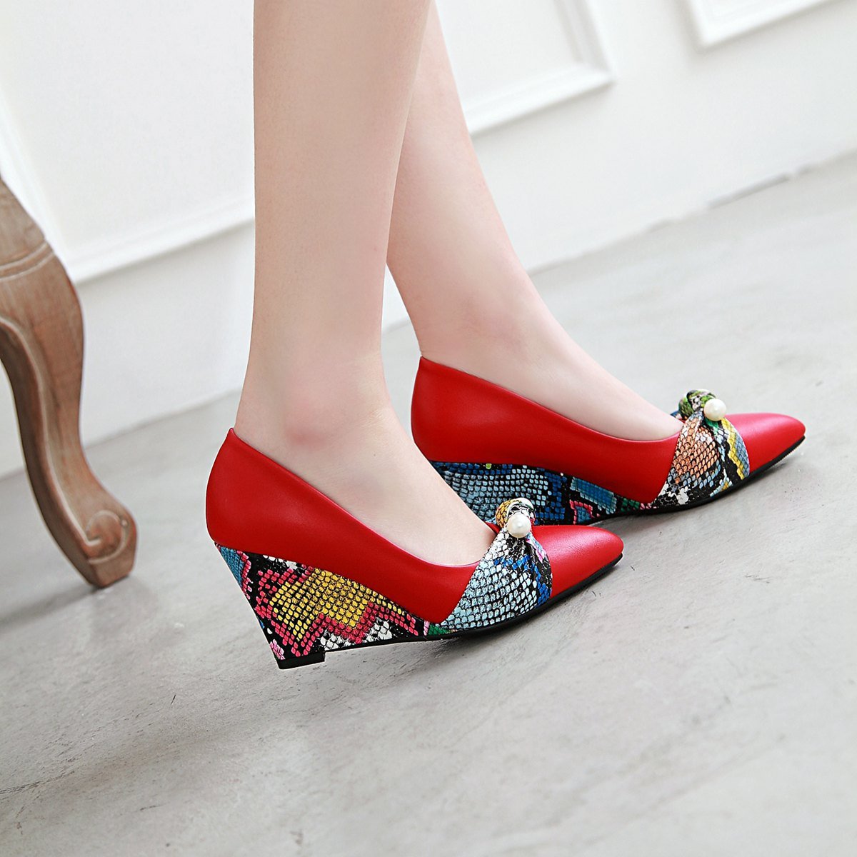 Lady Pattern High-heeled Slope-heeled 33-43 Plus Size Shallow-mouthed Wedges Shoes