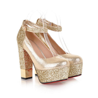 Sequined Super-high-heeled Chunky Pumps Platform Shallow-mouth One-word Buckle Shoe Woman Shoes Woman